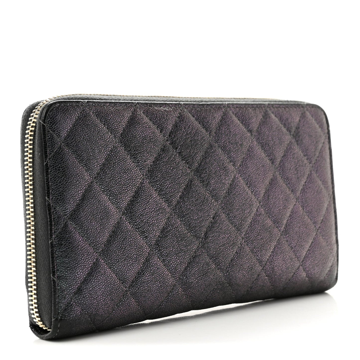 Iridescent Caviar Quilted Large Zip Around Organizer Wallet Black
