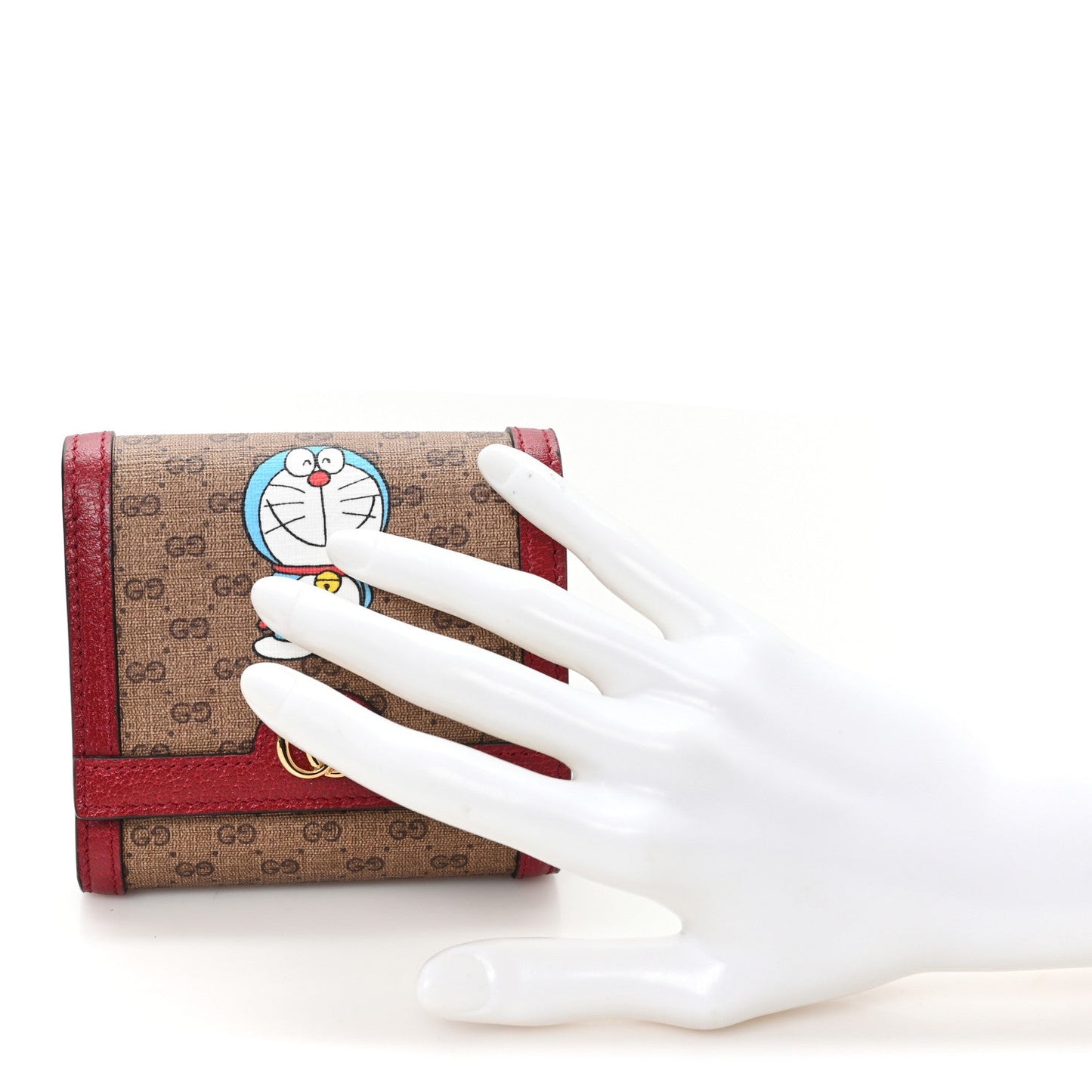 X DORAEMON Mini Vintage GG Supreme Monogram Card Case Wallet Beige Cherry Red