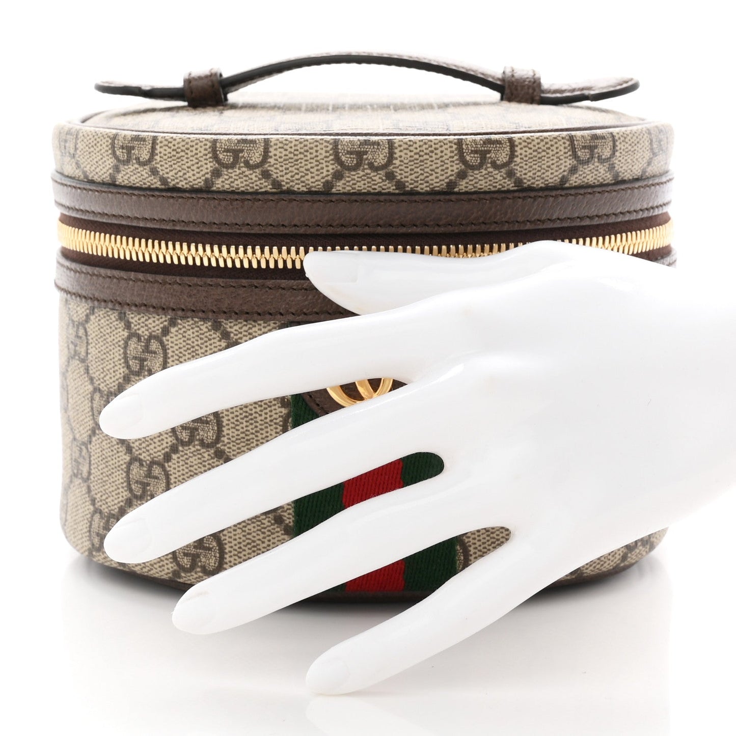 GG Supreme Monogram Textured Calfskin Web Ophidia Vanity Cosmetic Case Beige Ebony New Acero