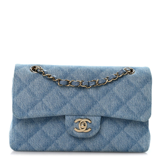 Printed Denim Quilted Small Double Flap Light Blue