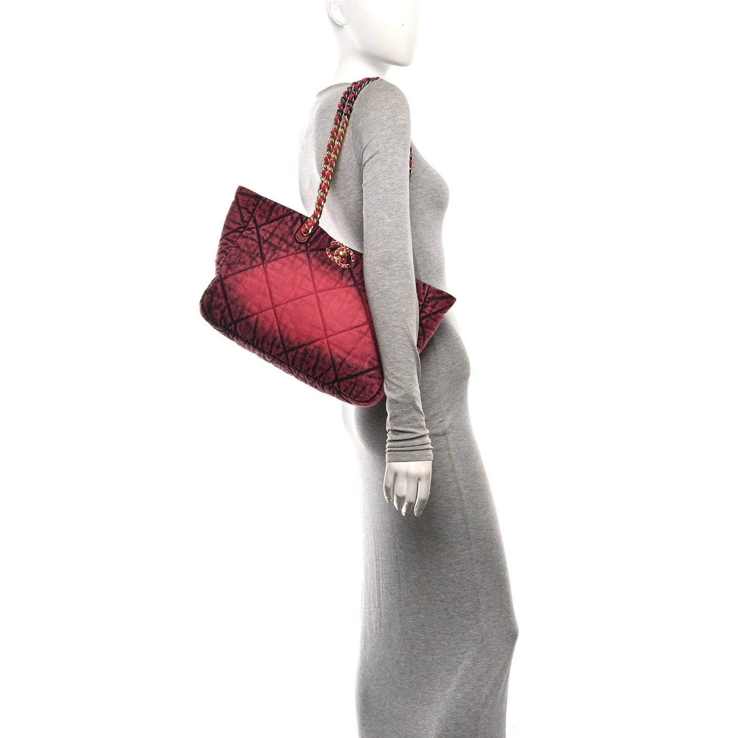 Washed Denim Quilted Chanel 19 East West Shopping Bag Pink