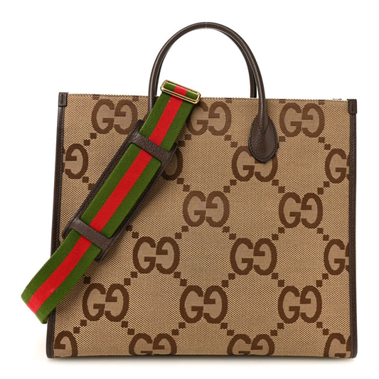 Monogram Jumbo GG Textured Dollar Calfskin Web Tote Bag Camel Ebony New Acero