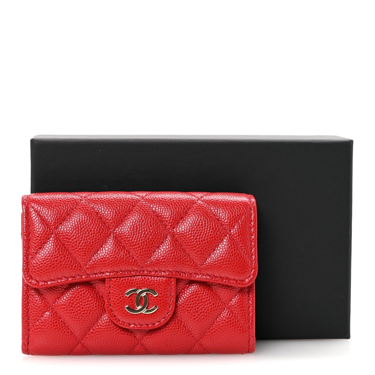 Caviar Quilted Flap Card Holder Wallet Red
