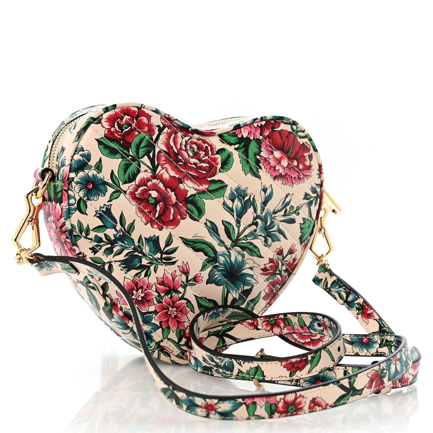 Calfskin Matelasse Diagonal Brit Roses Print Mini Interlocking G Heart Shoulder Bag  White Multicolor