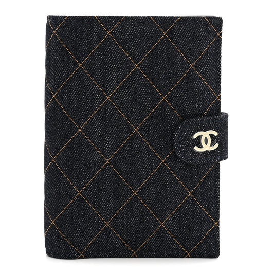 Denim Quilted Passport Holder Dark Blue Orange