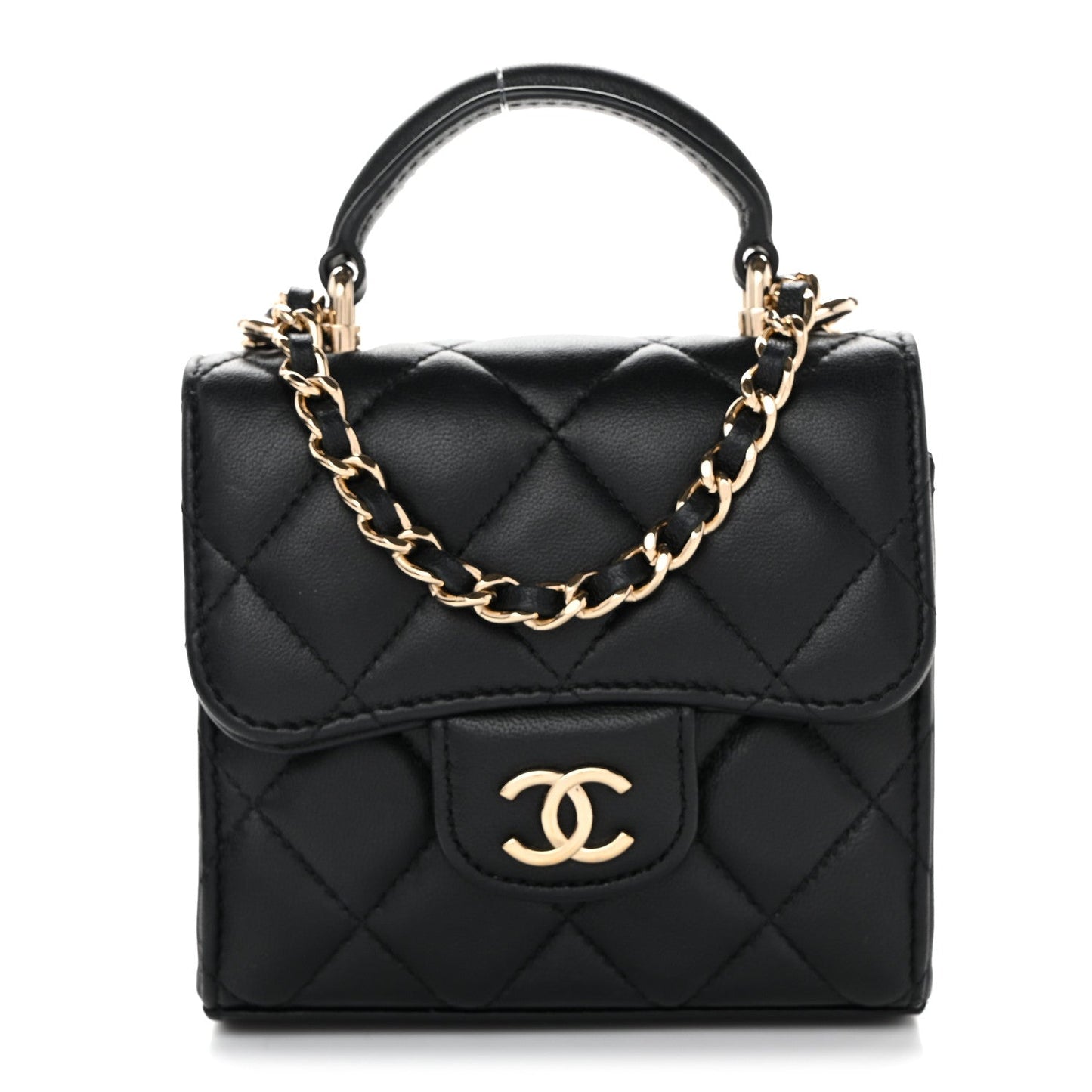 Lambskin Quilted Top Handle Flap Clutch With Chain Black