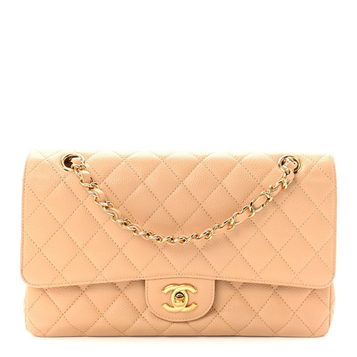 Caviar Quilted Medium Double Flap Beige