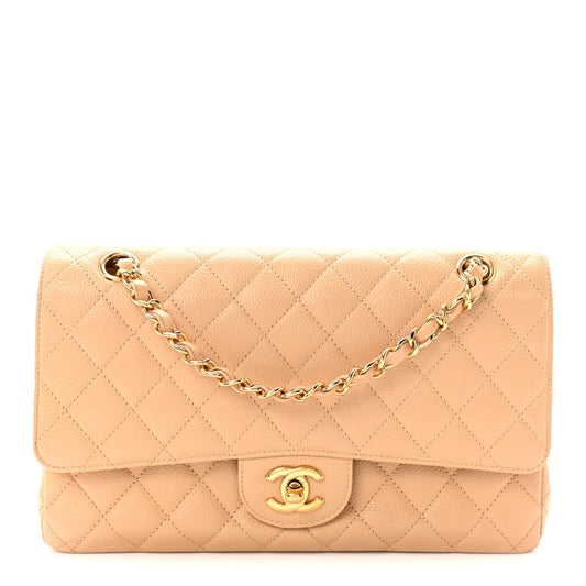 Caviar Quilted Medium Double Flap Beige