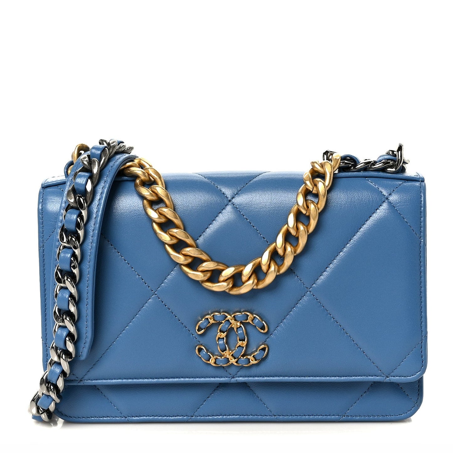 Lambskin Quilted Chanel 19 Wallet On Chain WOC Blue