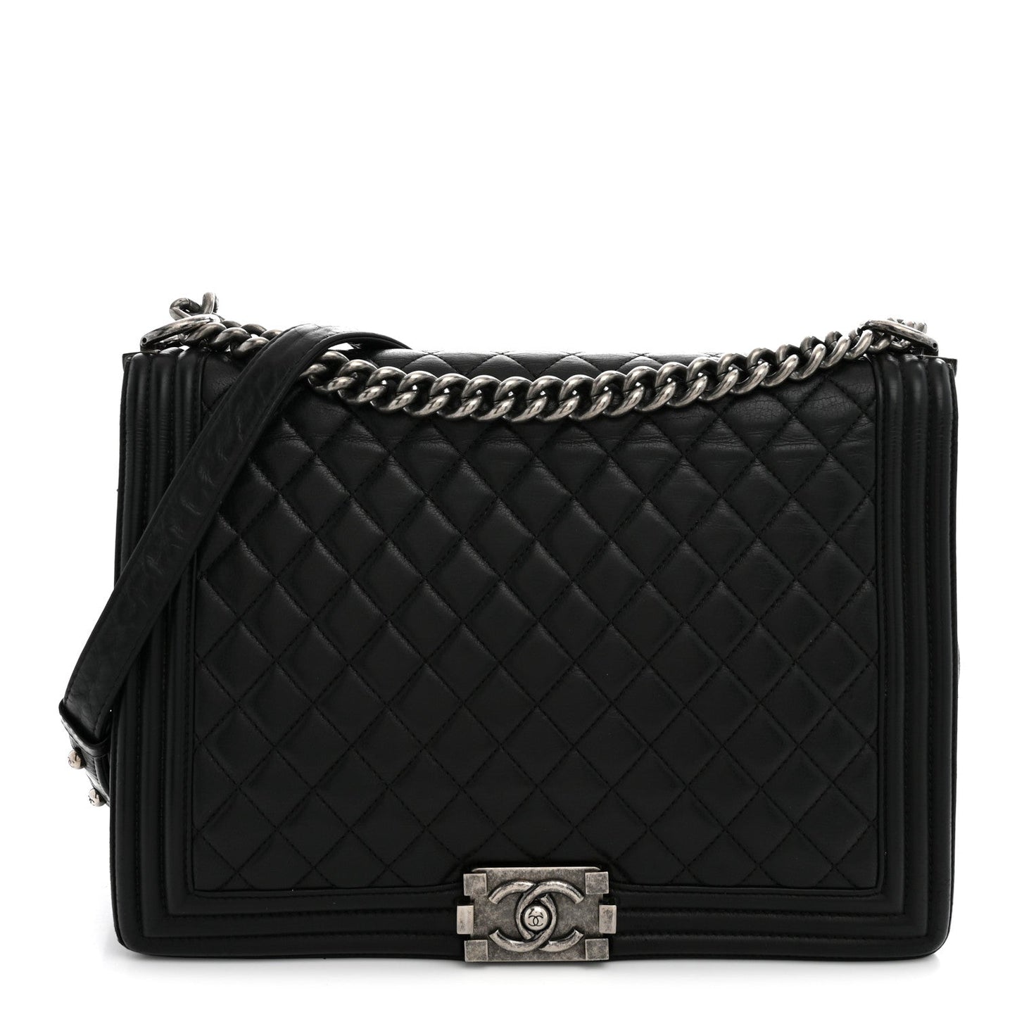 Calfskin Quilted Large Boy Flap Black