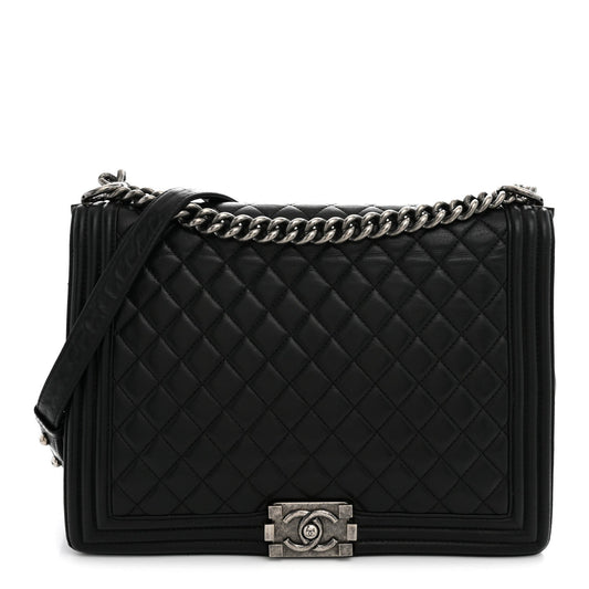 Calfskin Quilted Large Boy Flap Black