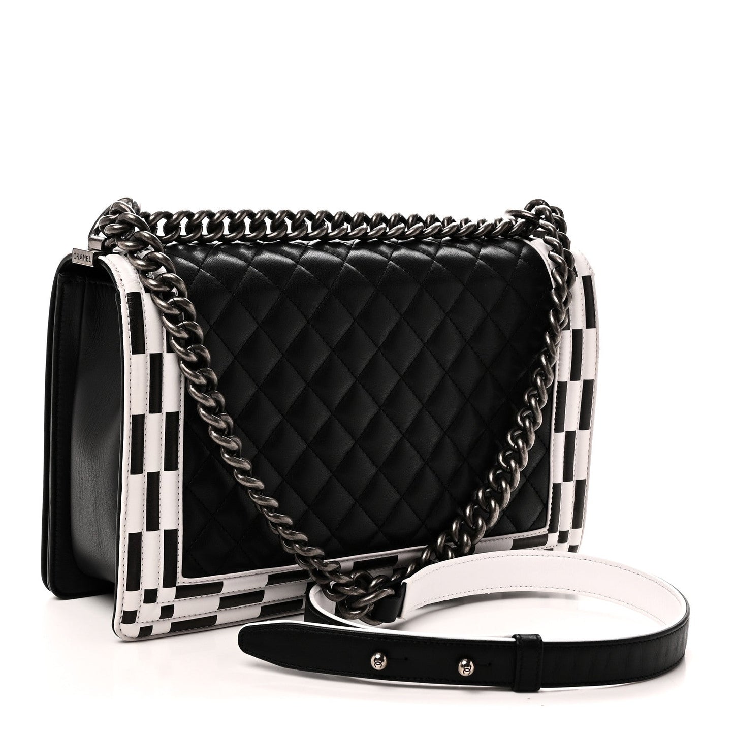 Calfskin Quilted Checkerboard Trim New Medium Boy Flap Black White