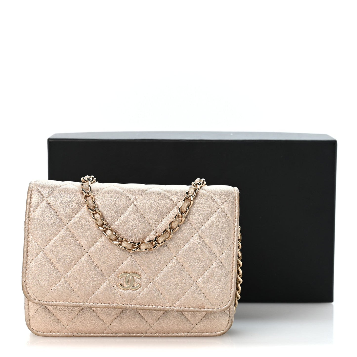 Metallic Lambskin Quilted Mini Wallet On Chain WOC Gold