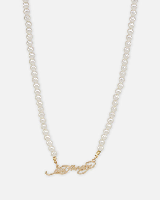 Ed Hardy Scroll Logo Carrie Pearl Necklace Gold