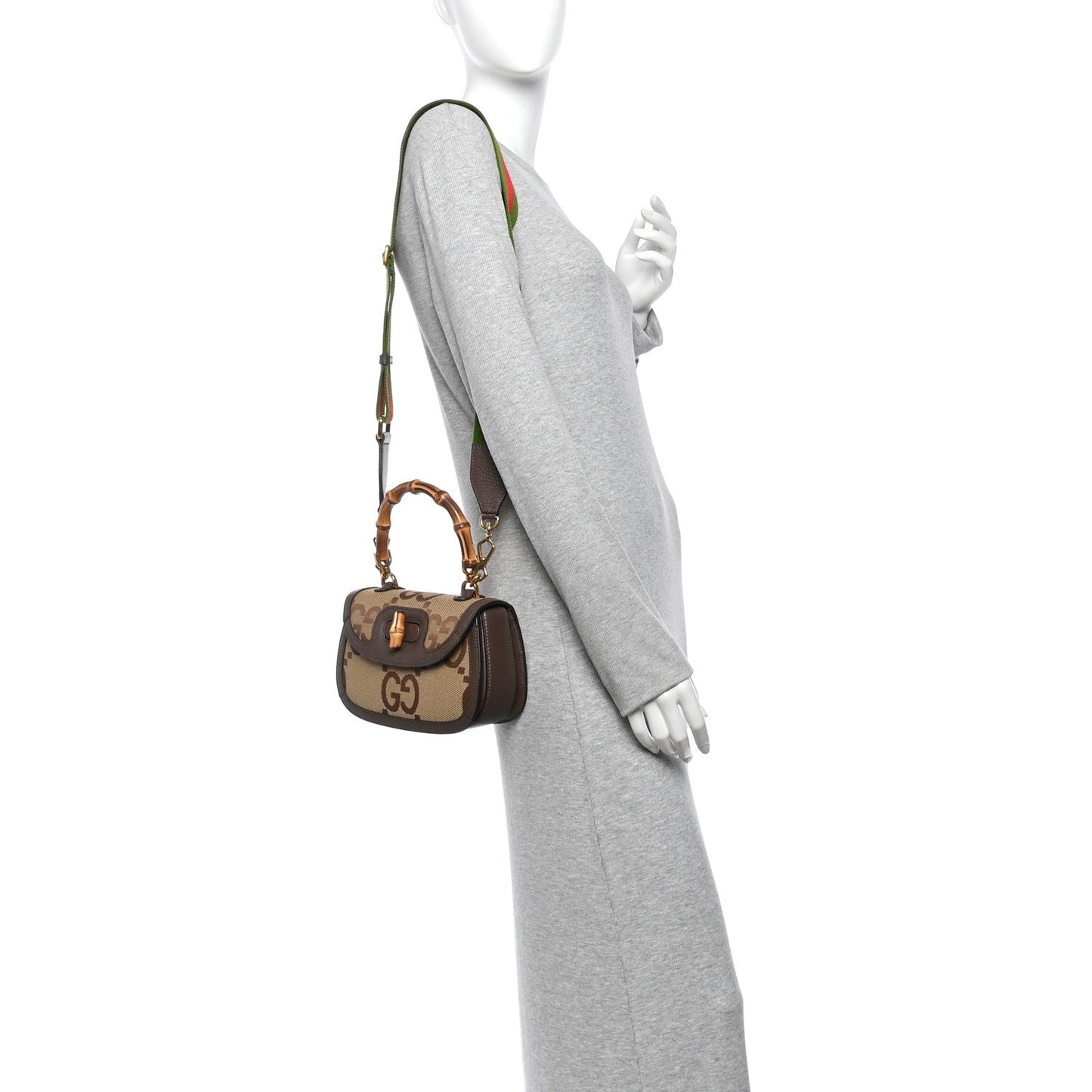 Monogram Jumbo GG Textured Dollar Calfskin Web Small Bamboo 1947 Top Handle Bag Camel Ebony New Acero