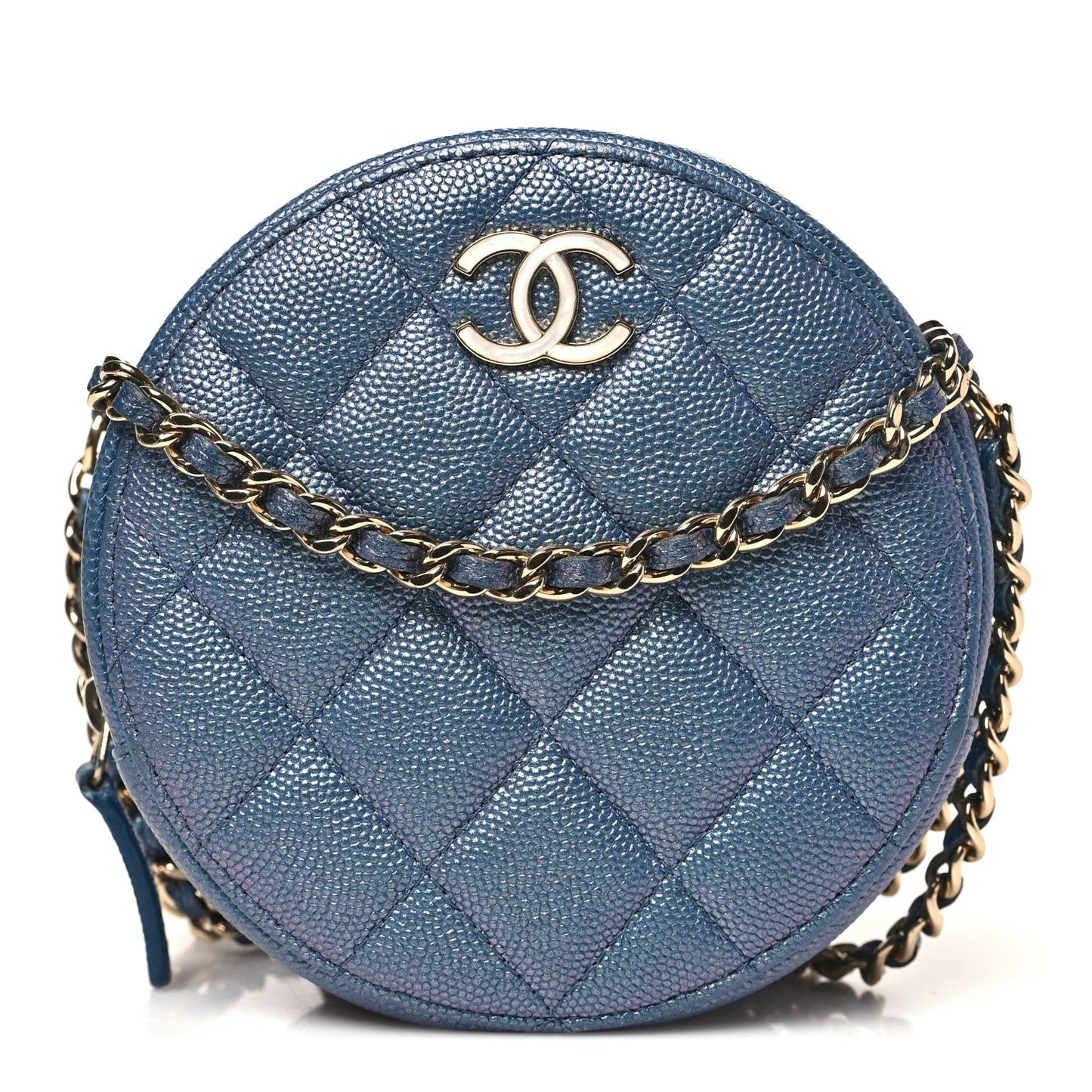 Iridescent Caviar Quilted Round Clutch With Chain Blue