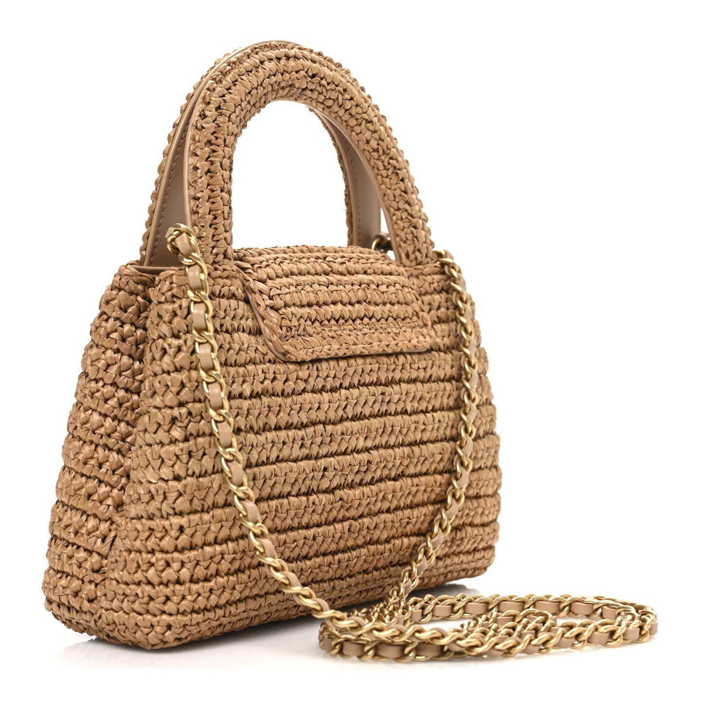 Braided Raffia Nano Kelly Flap Bag Dark Beige