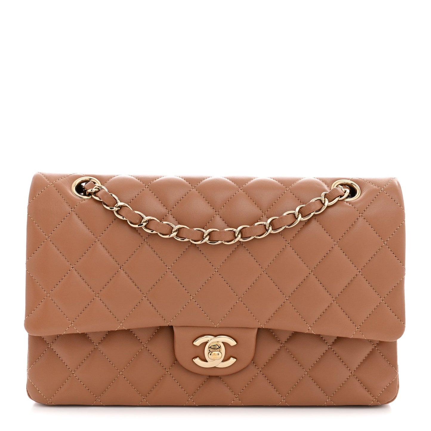 Lambskin Quilted Medium Double Flap Brown