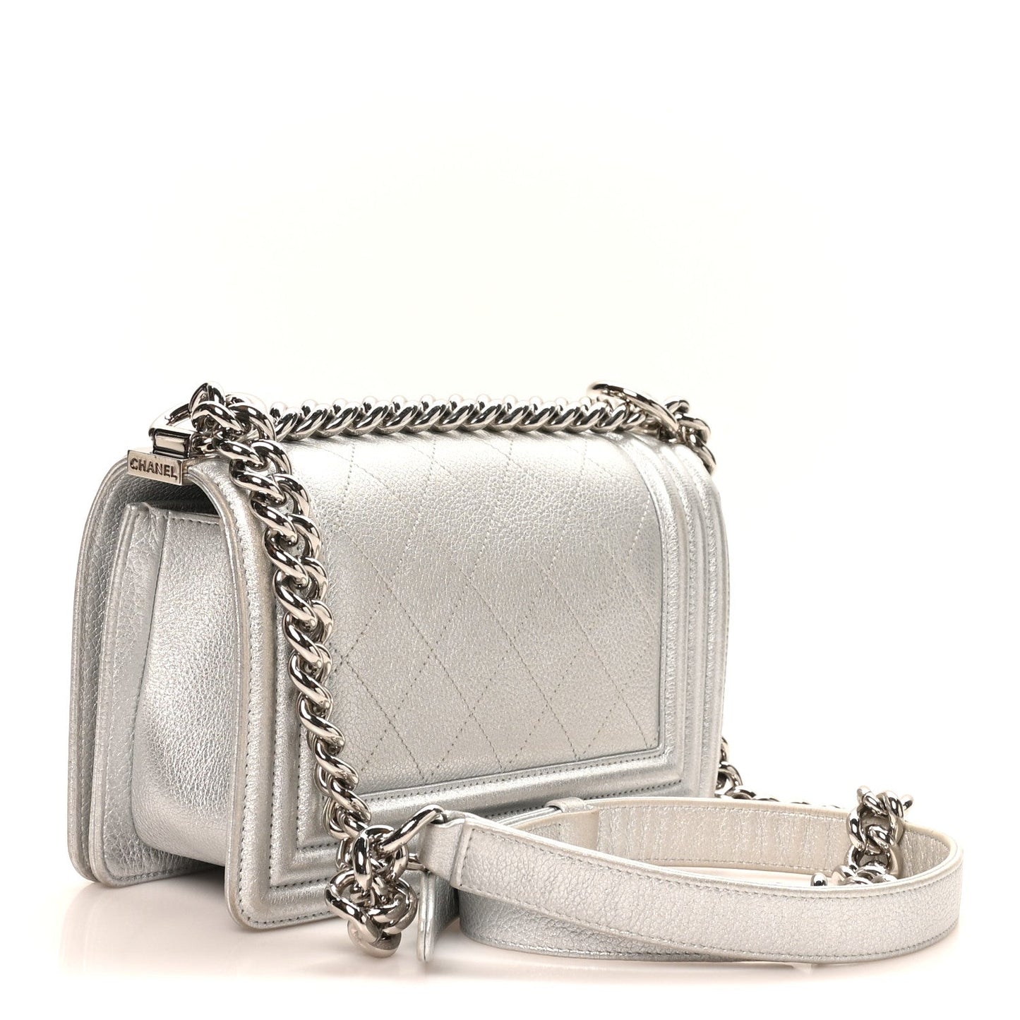 Metallic Calfskin Camellia Quilted Small Boy Flap Silver