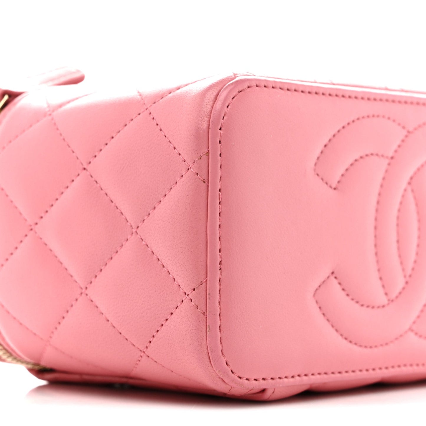 Lambskin Quilted Small Top Handle Vanity Case With Chain Pink