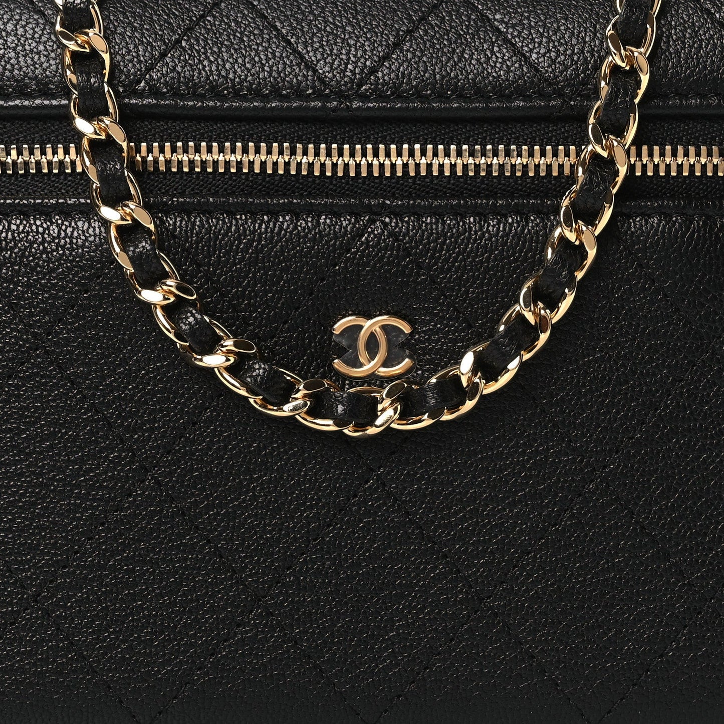 Goatskin Stitched Top Handle Slim Vanity With Chain Black