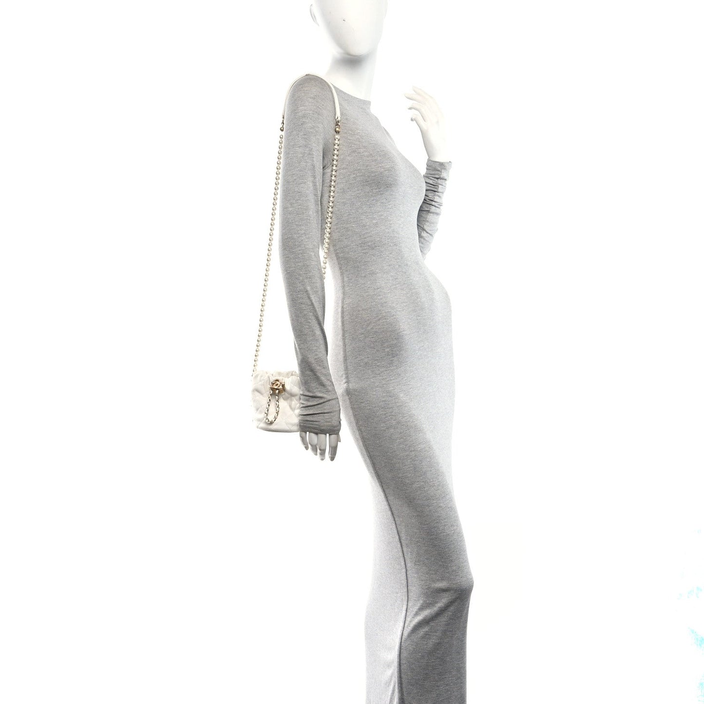 Calfskin Quilted Pearl Mini About Pearls Drawstring Bucket Bag White