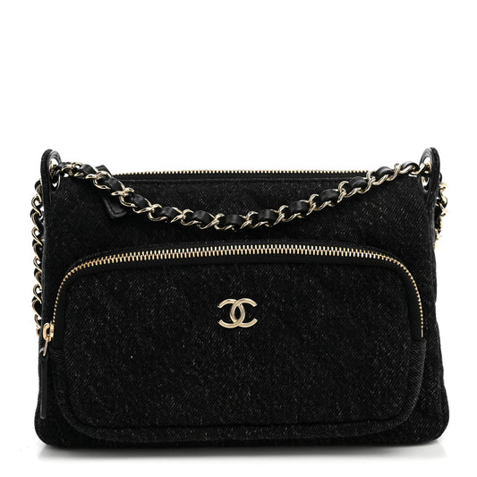 Denim Quilted Small Preppy Pocket Clutch With Chain  Black
