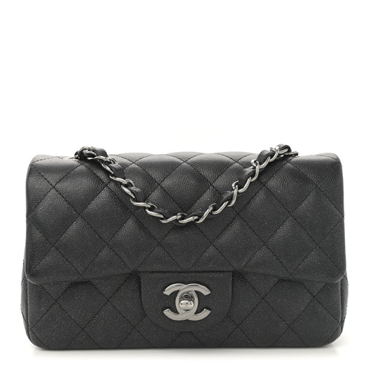 Iridescent Caviar Quilted Mini Rectangular Flap Black