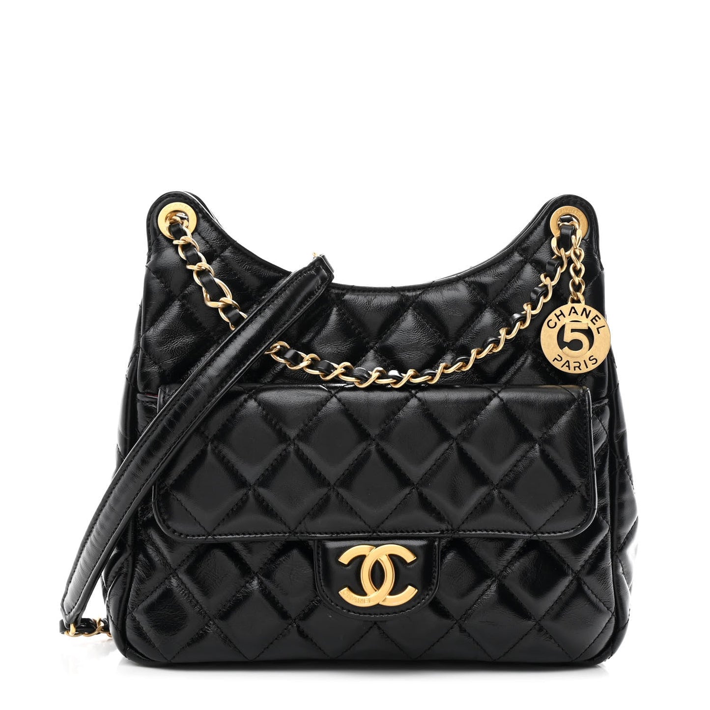 Shiny Crumpled Calfskin Quilted Wavy CC Hobo Black