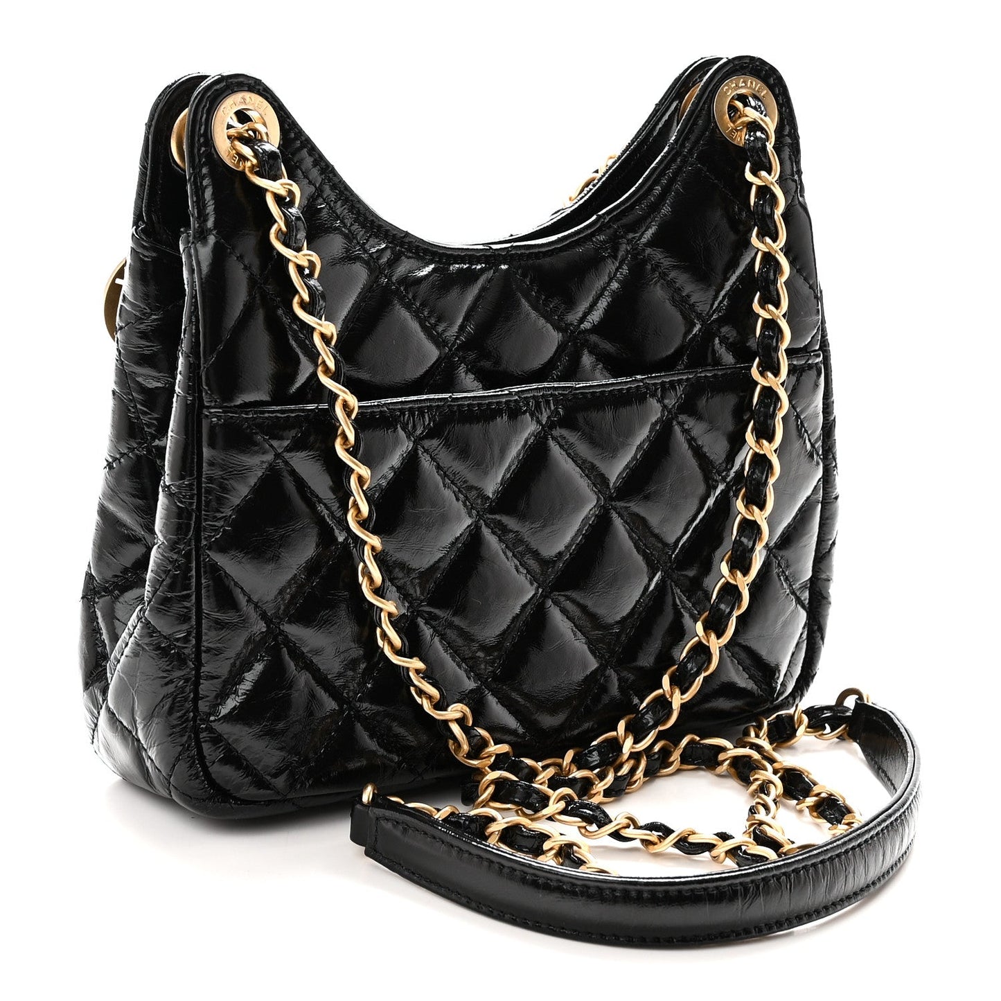 Shiny Crumpled Calfskin Quilted Small Wavy CC Hobo Black