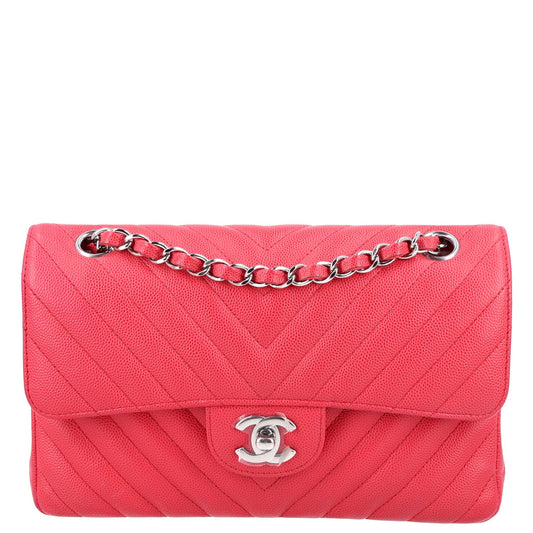 Caviar Chevron Quilted Small Double Flap Dark Pink