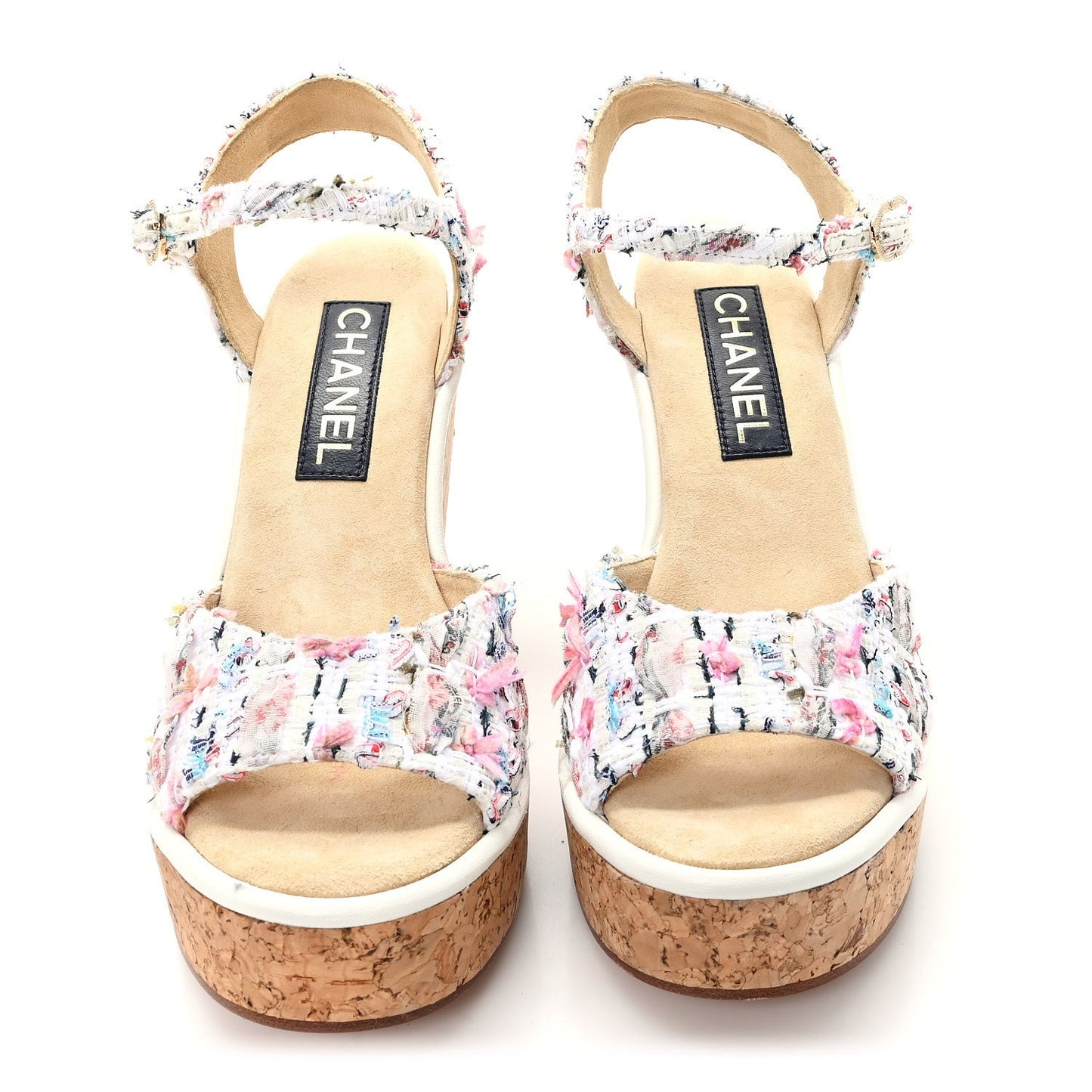 Tweed Cork CC Wedge Sandals 39 Ecru Pink Blue Green