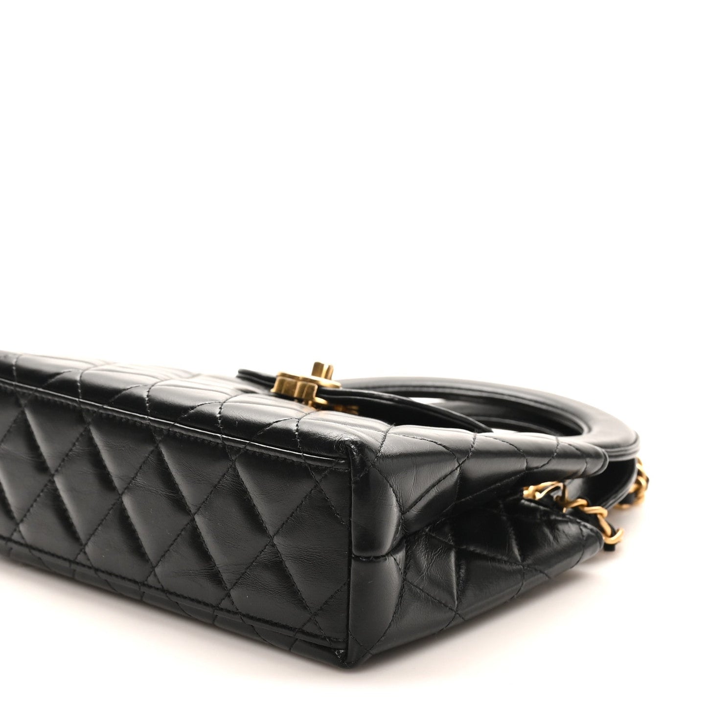 Shiny Aged Calfskin Quilted Nano Kelly Shopper Black