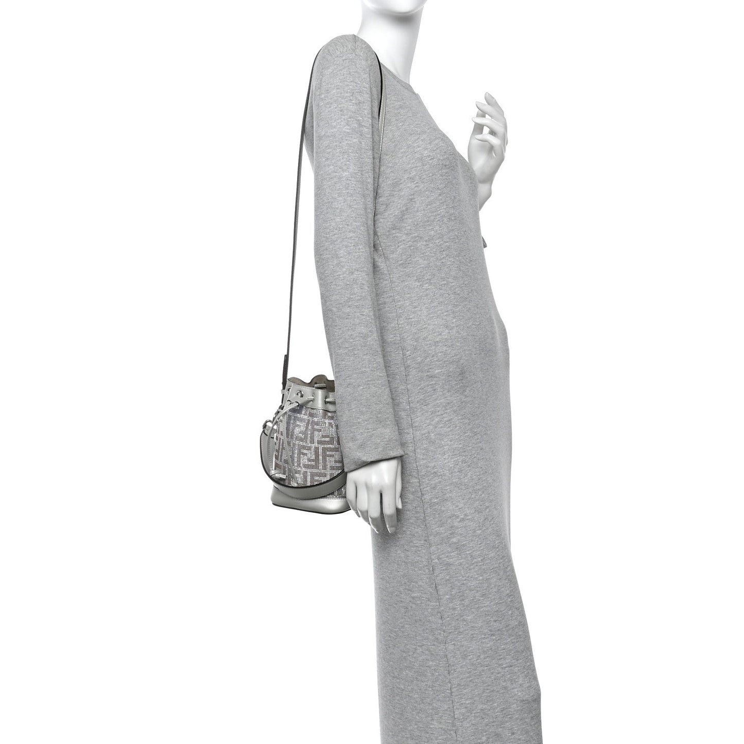 Crystal Vitello Laminato FF Mini Mon Tresor Bucket Bag Crystal Argento