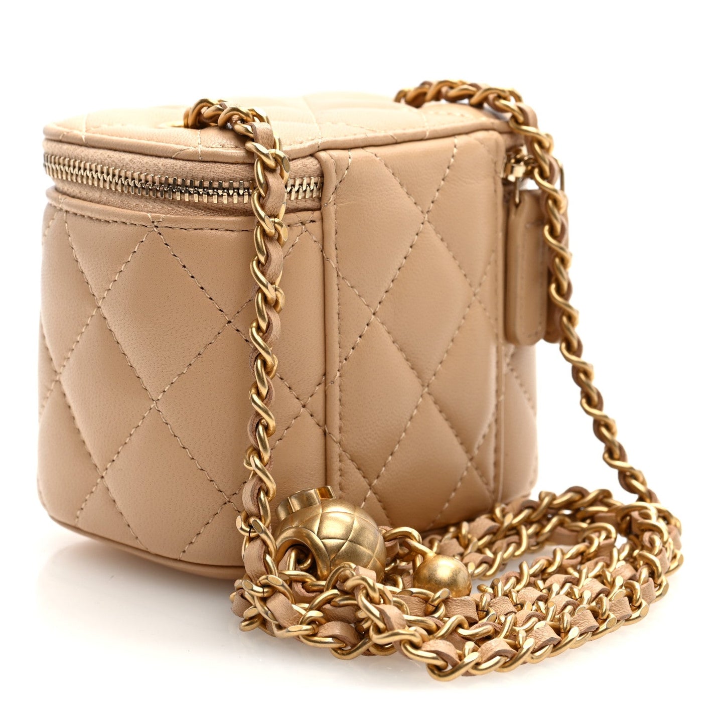 Lambskin Quilted Pearl Crush Mini Vanity Case With Chain Beige