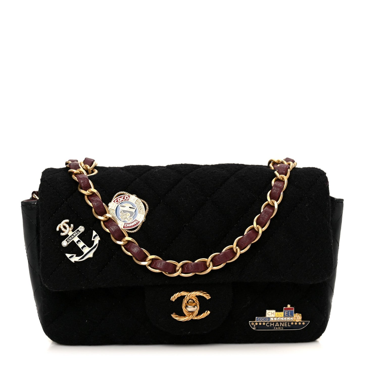 Felt Quilted Paris-Hamburg Charms Mini Rectangular Flap Black