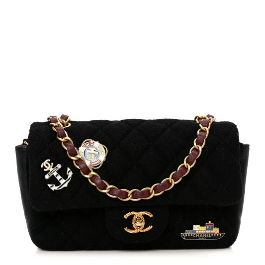 Felt Quilted Paris-Hamburg Charms Mini Rectangular Flap Black