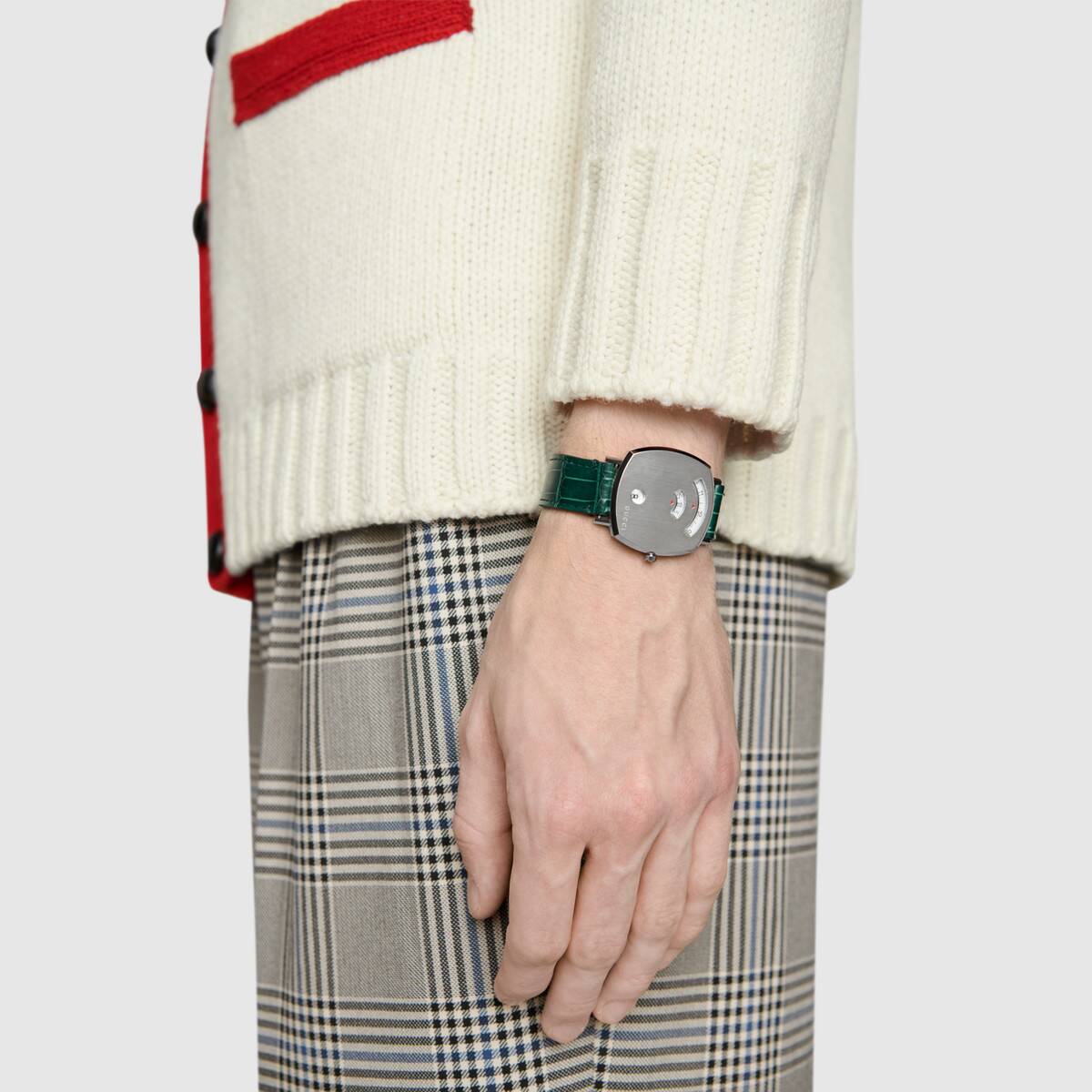Gucci Grip Silver Dial Green Leather Strap Unisex Watch - YA157412