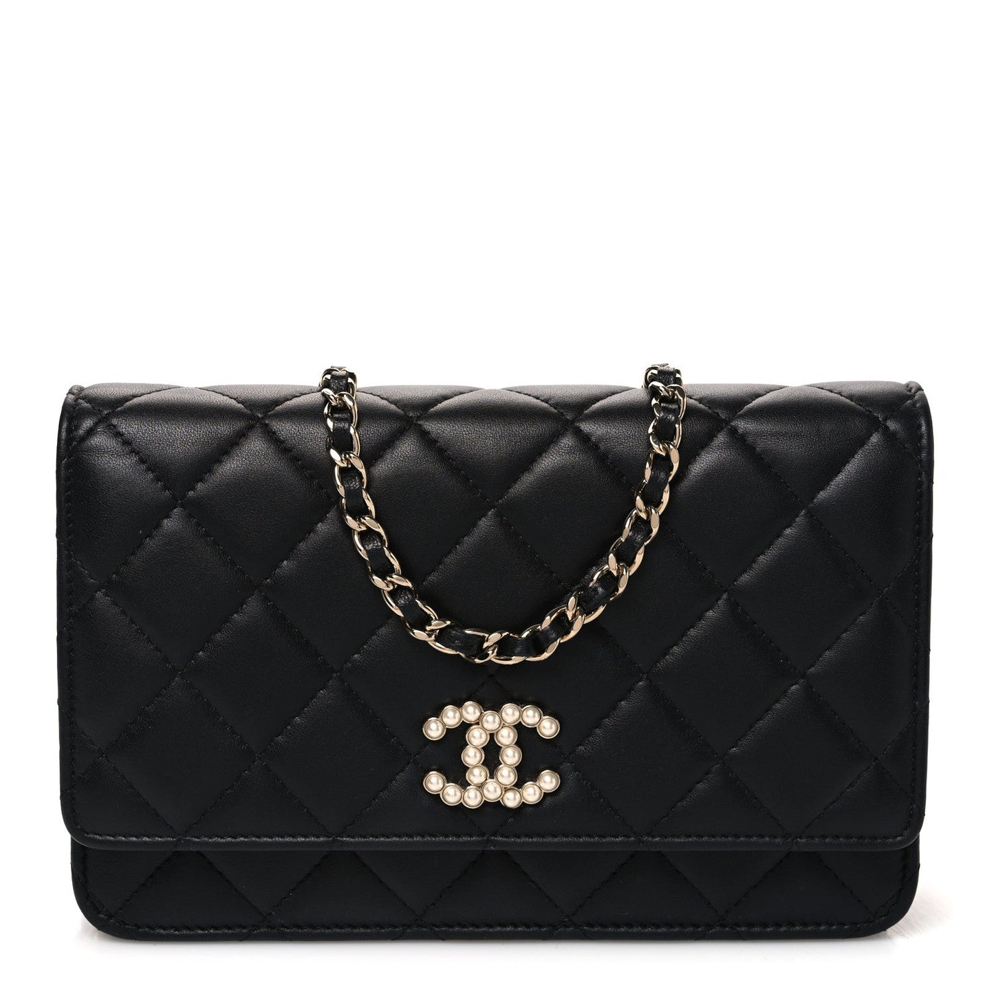 Lambskin Quilted Pearl CC Wallet on Chain WOC Black