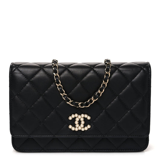 Lambskin Quilted Pearl CC Wallet on Chain WOC Black
