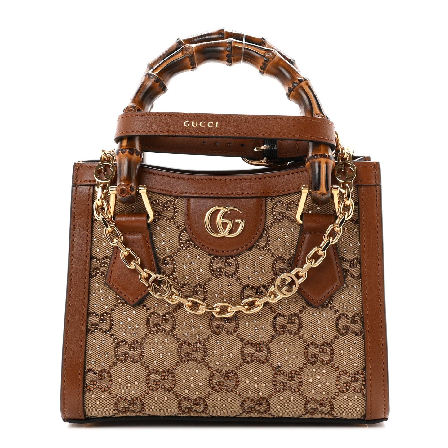 New Canvas Charisma Calfskin Crystal GG Monogram Mini Diana Tote Bag Camel Ebony