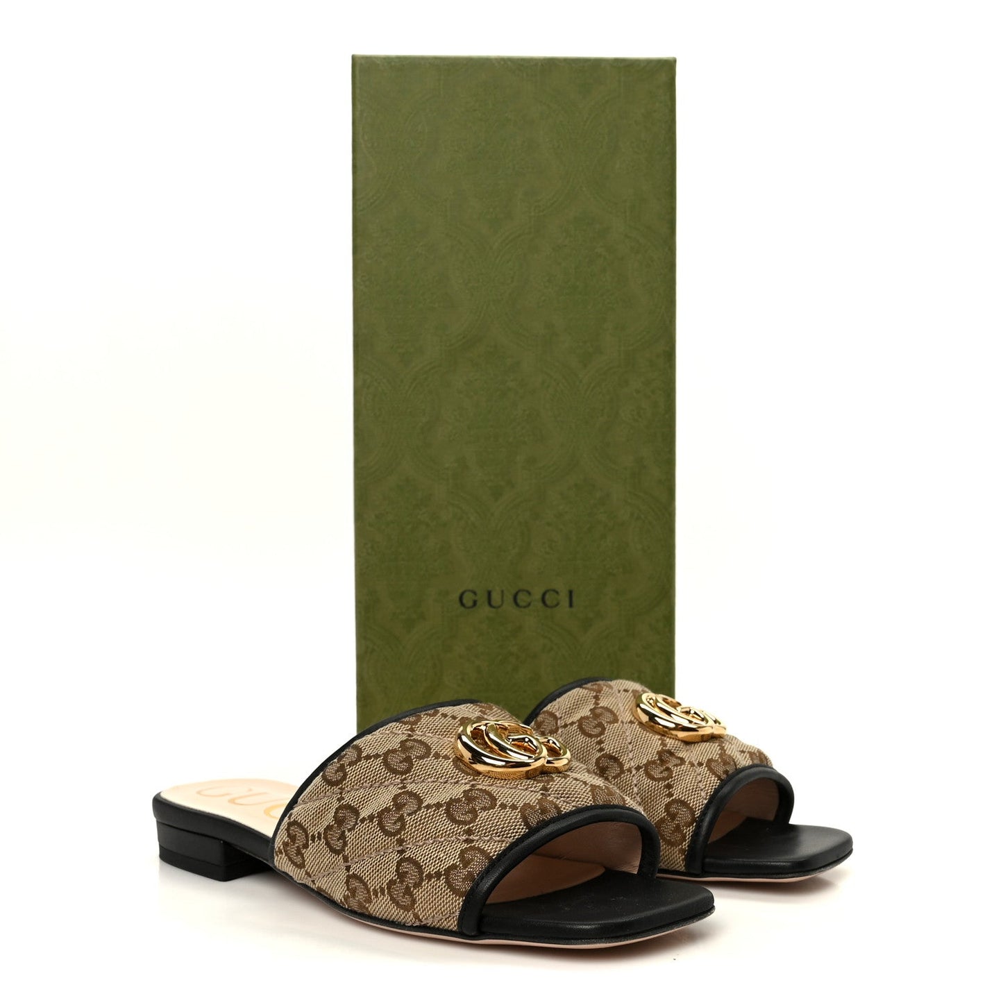 Monogram Matelasse Diagonal GG Marmont Flat Slide Sandals 35 Beige Ebony Black