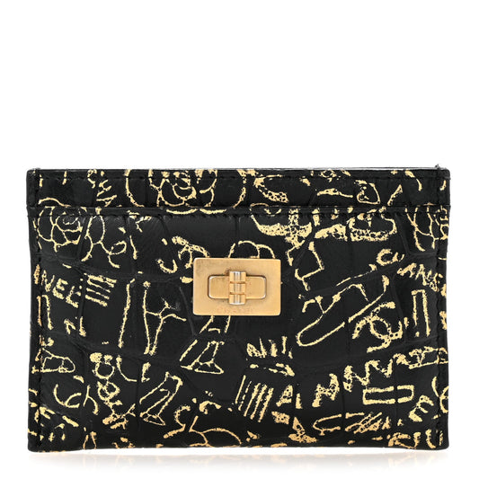 Calfskin Crocodile Embossed Graffiti 2.55 Cocodile Reissue Card Holder Black Gold