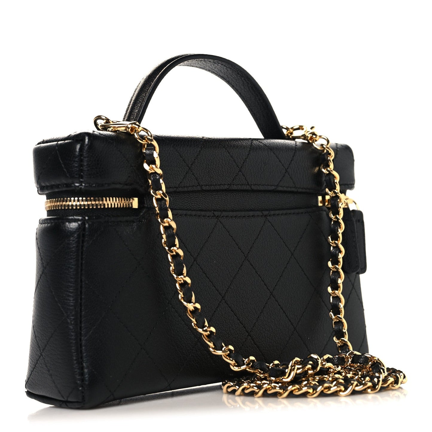 Goatskin Stitched Top Handle Slim Vanity With Chain Black
