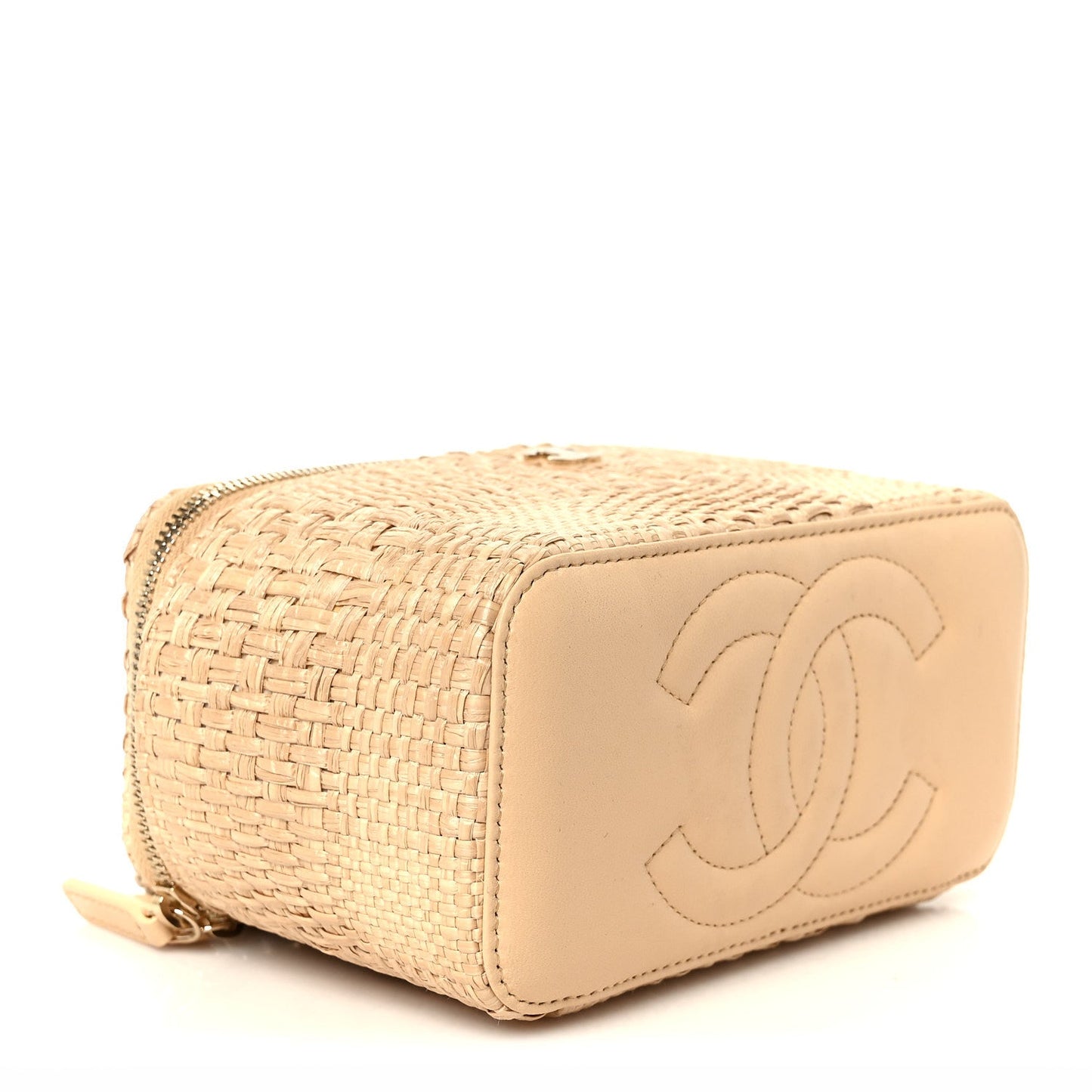Braided Raffia Top Handle Slim Vanity Case With Chain Beige