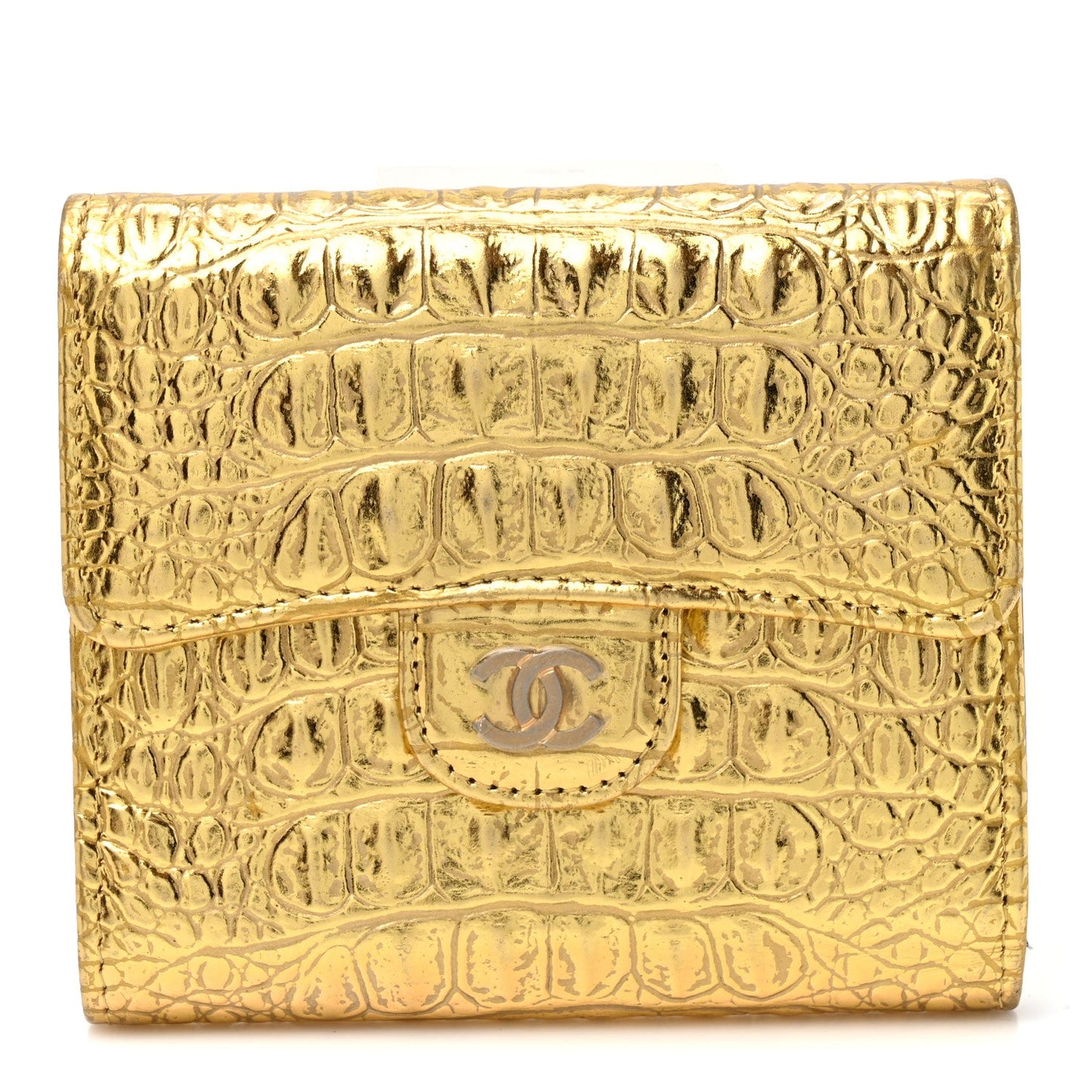 Metallic Calfskin Crocodile Embossed Cocodile Compact Flap Wallet  Gold