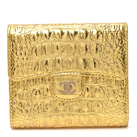 Metallic Calfskin Crocodile Embossed Cocodile Compact Flap Wallet  Gold