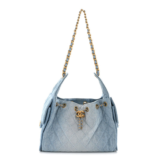 Washed Denim Quilted Small Chanel 25 Handbag Blue