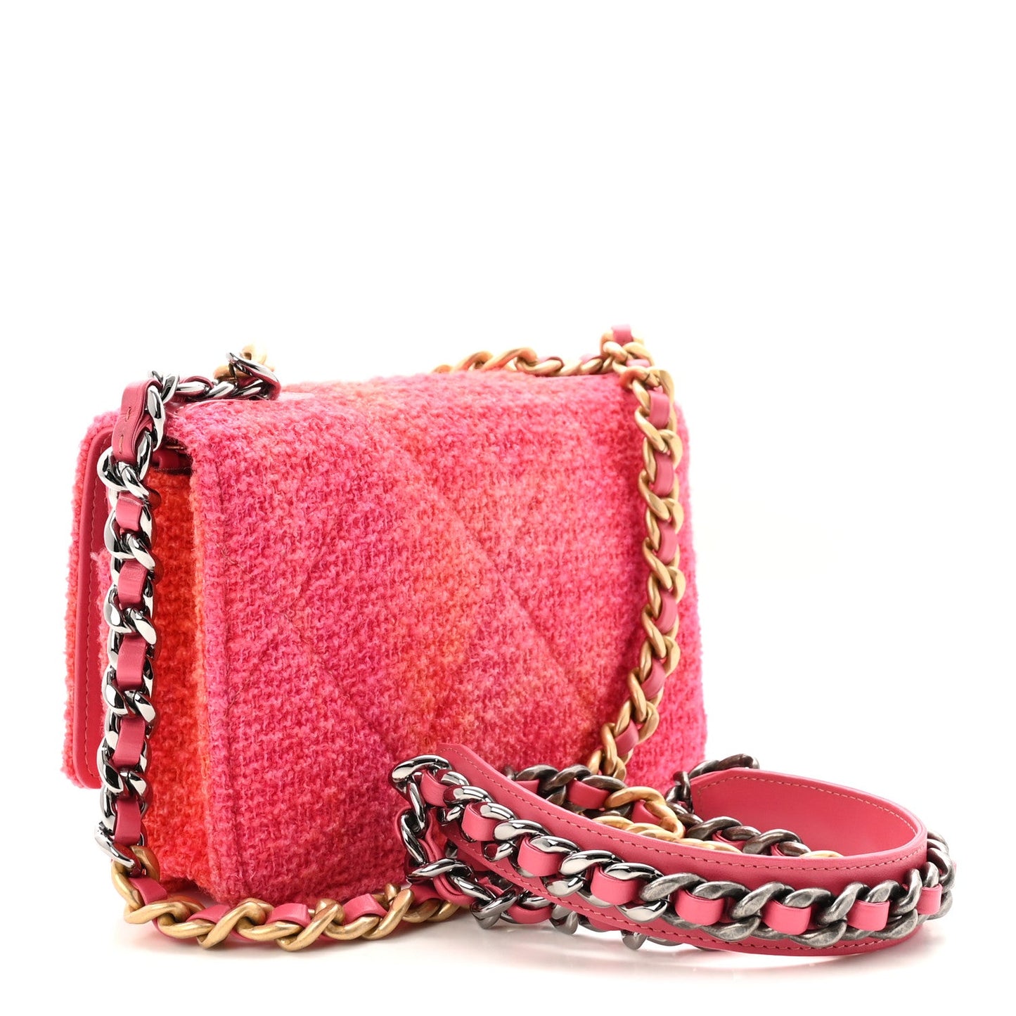 Wool Tweed Lambskin Quilted Chanel 19 Wallet On Chain WOC Coral Pink