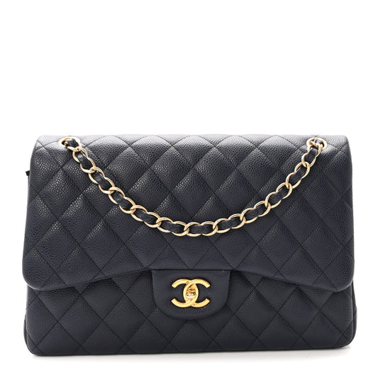 Caviar Quilted Jumbo Double Flap Navy Blue